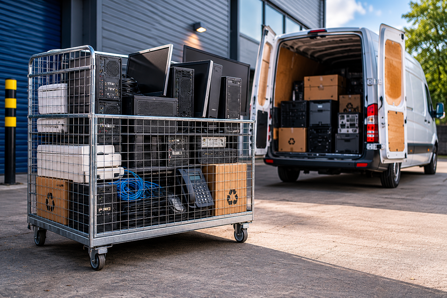IT and electrical equipment loaded in a collection cage beside a van