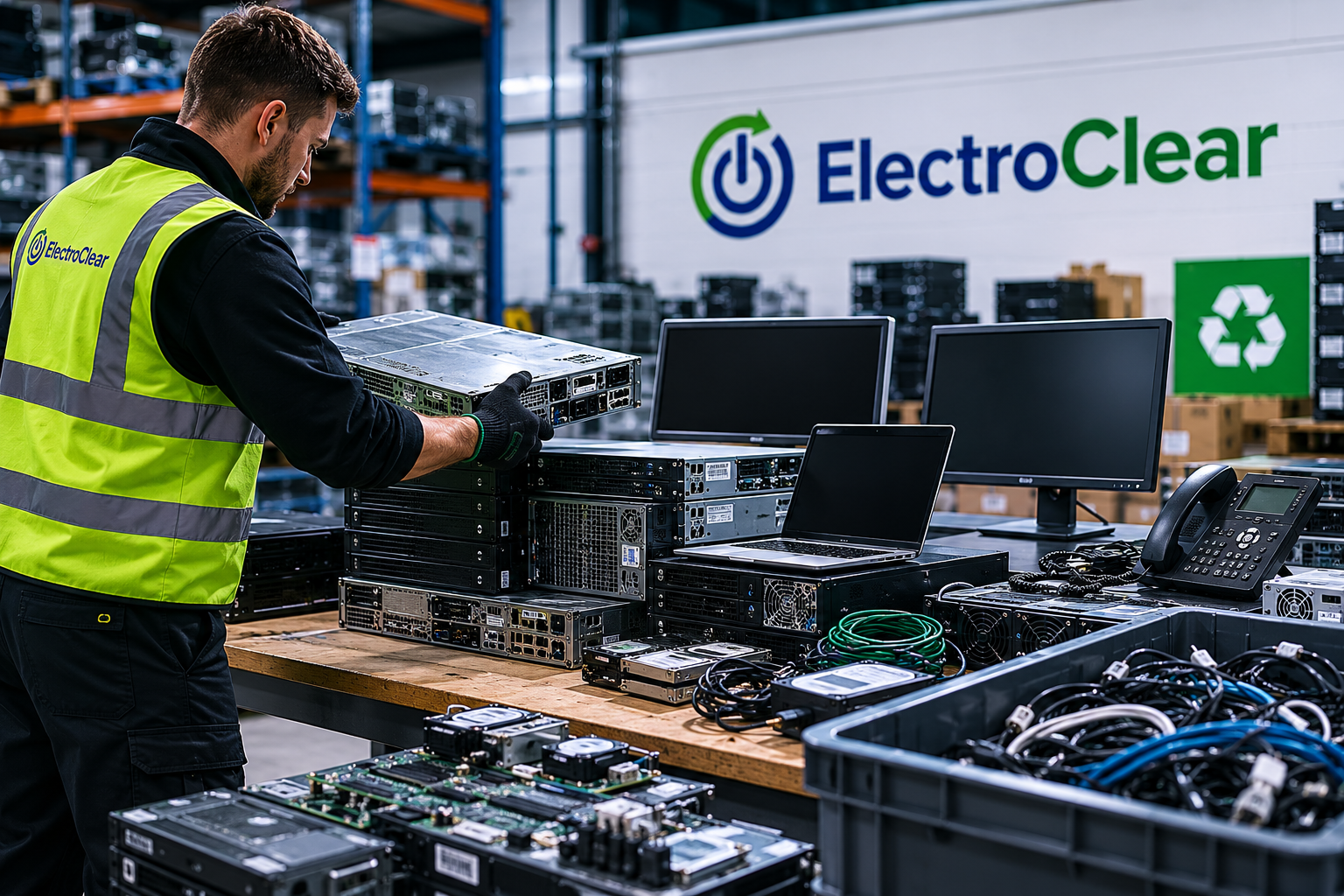 ElectroClear worker sorting servers, monitors and cables in an IT equipment recycling warehouse