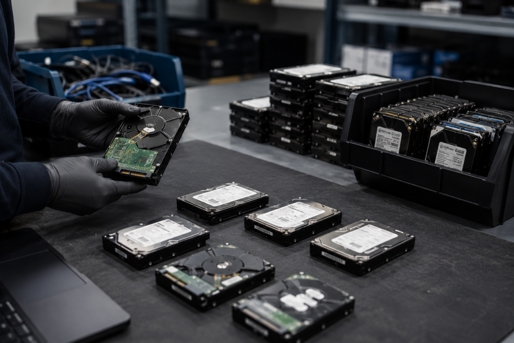 Hard drives being sorted by gloved hands for secure data wiping