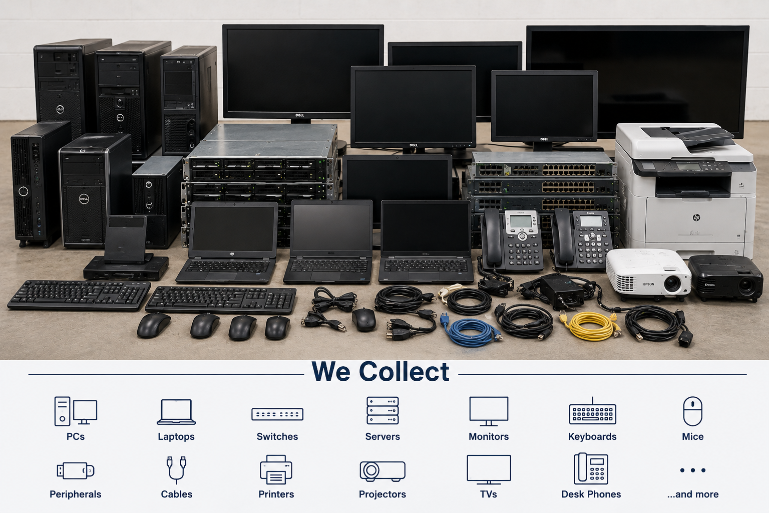 Collection of PCs, laptops, servers, switches, monitors, printers, projectors, TVs, desk phones, cables, keyboards and mice