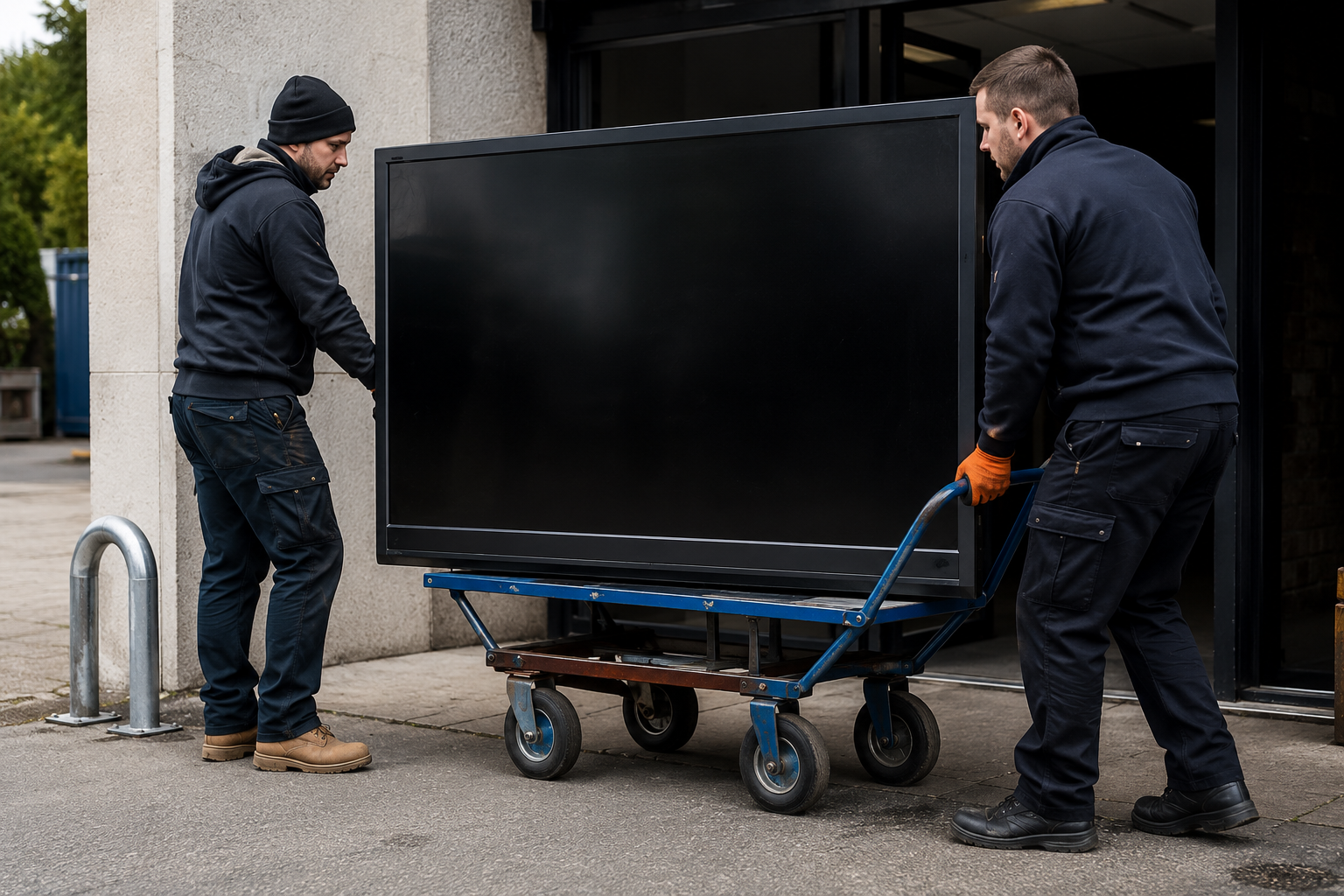 Two workers moving a large screen on a trolley for specialist collection