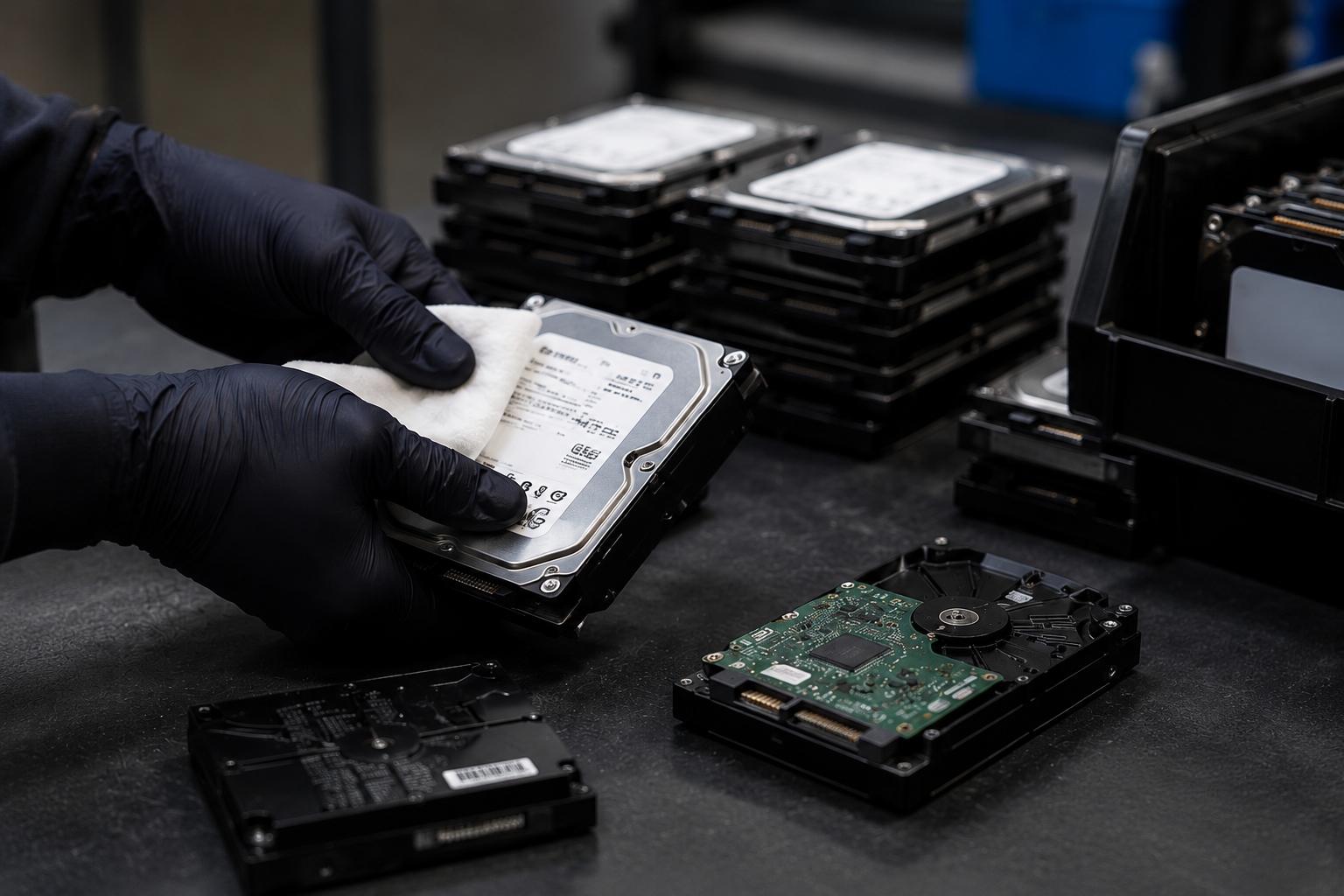 Gloved hands sorting hard drives for secure data wiping